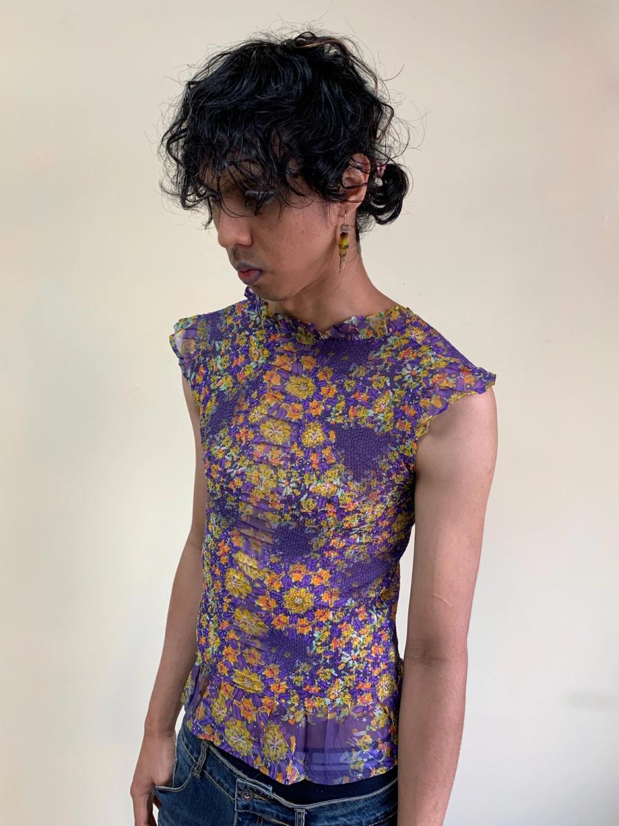 Yoshiki Hishinuma Purple Floral Pleated Top product image