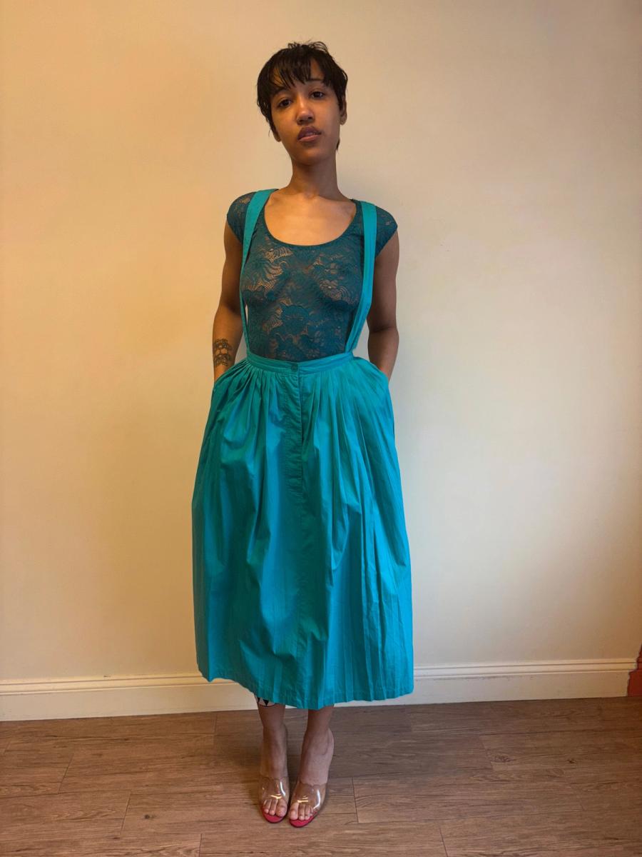 80s Norma Kamali Teal Suspender Skirt product image