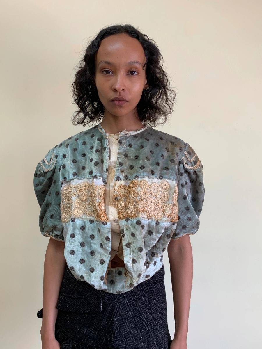 1890s Velveteen Teal Bodice with Balloon Sleeves product image