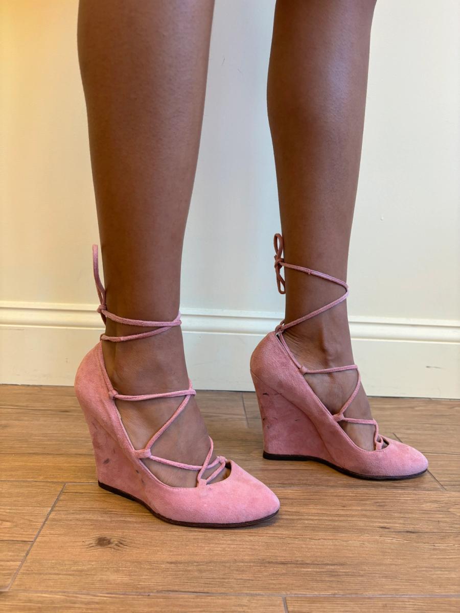 1980s Norma Kamali Ballet Pink Lace-Up Pumps product image