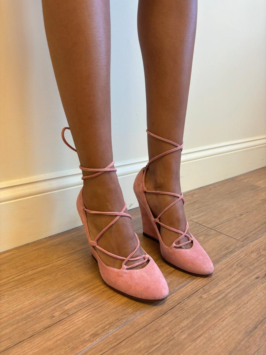 1980s Norma Kamali Ballet Pink Lace-Up Pumps  product image