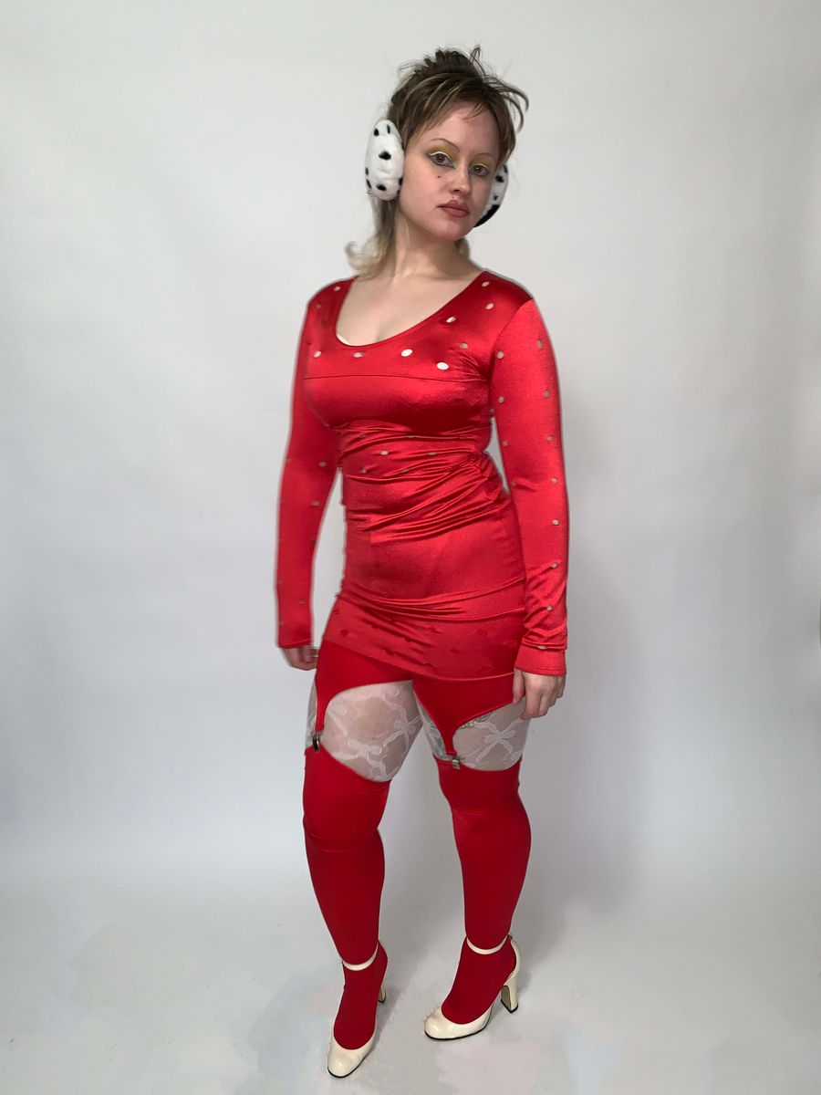 80s Deadstock Stretch Satin Hole-punch Dress product image