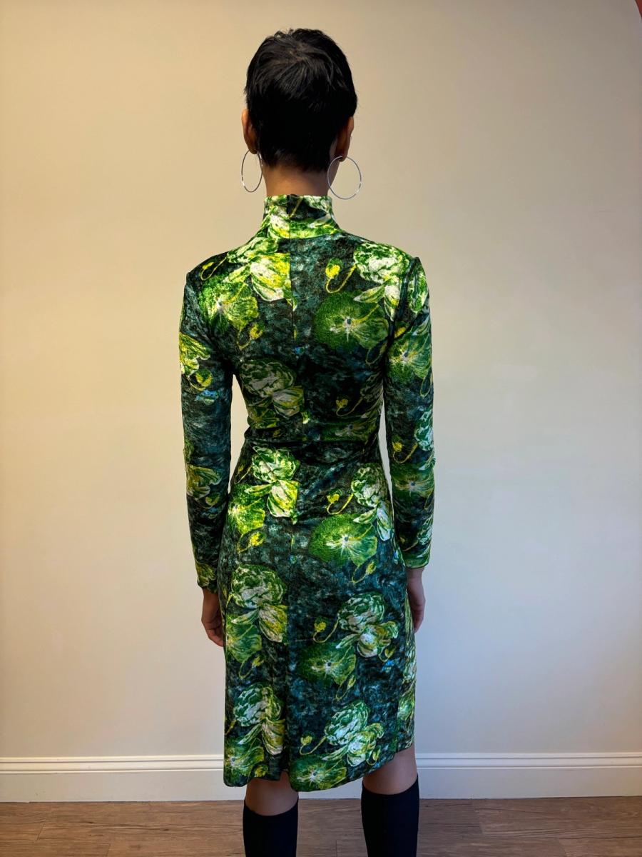 90s Jean Colonna Green Floral Crushed Velvet Dress product image