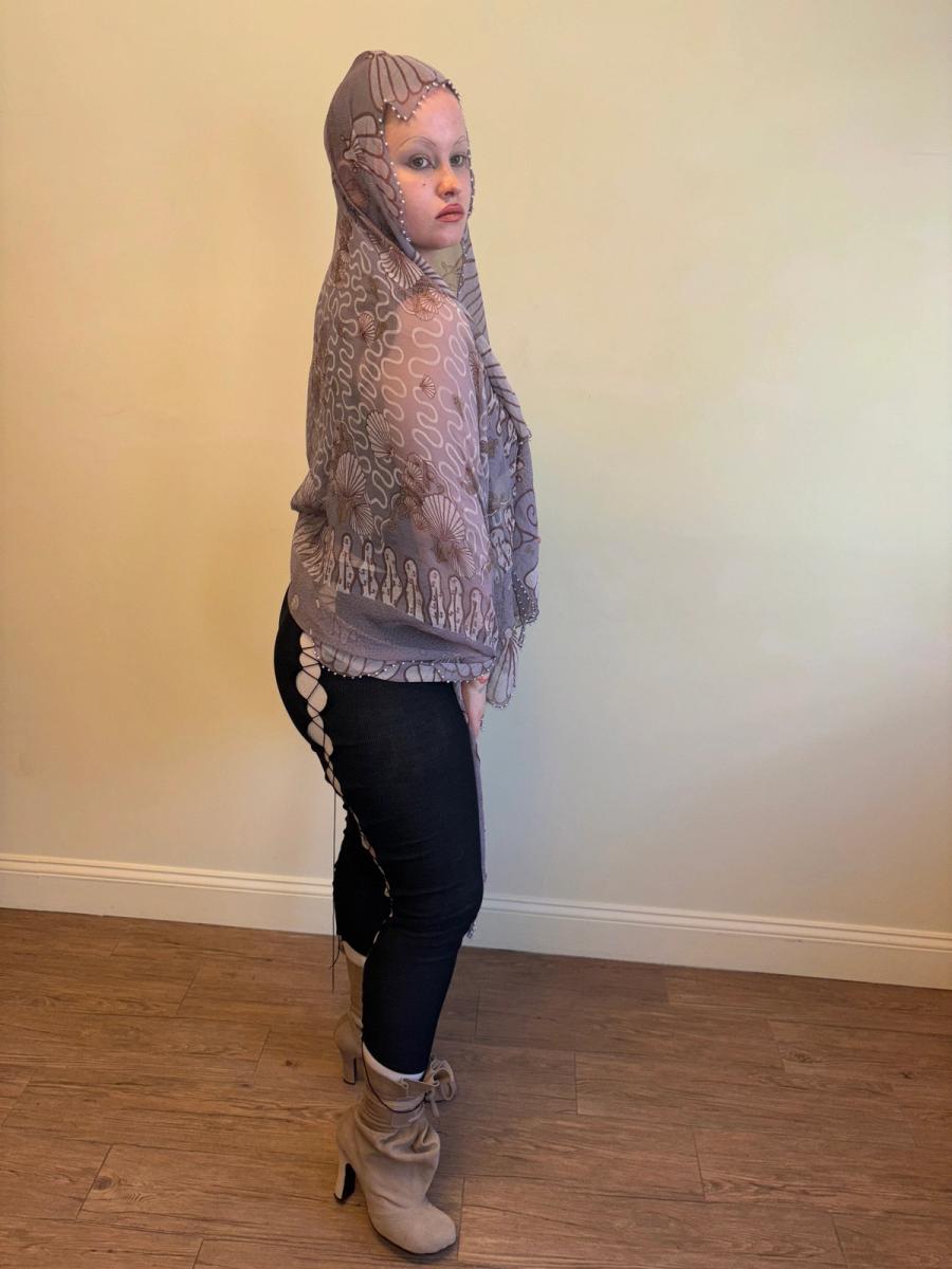 Zandra Rhodes Squiggle & Shell Printed Shawl with Pearl Beaded Edges product image