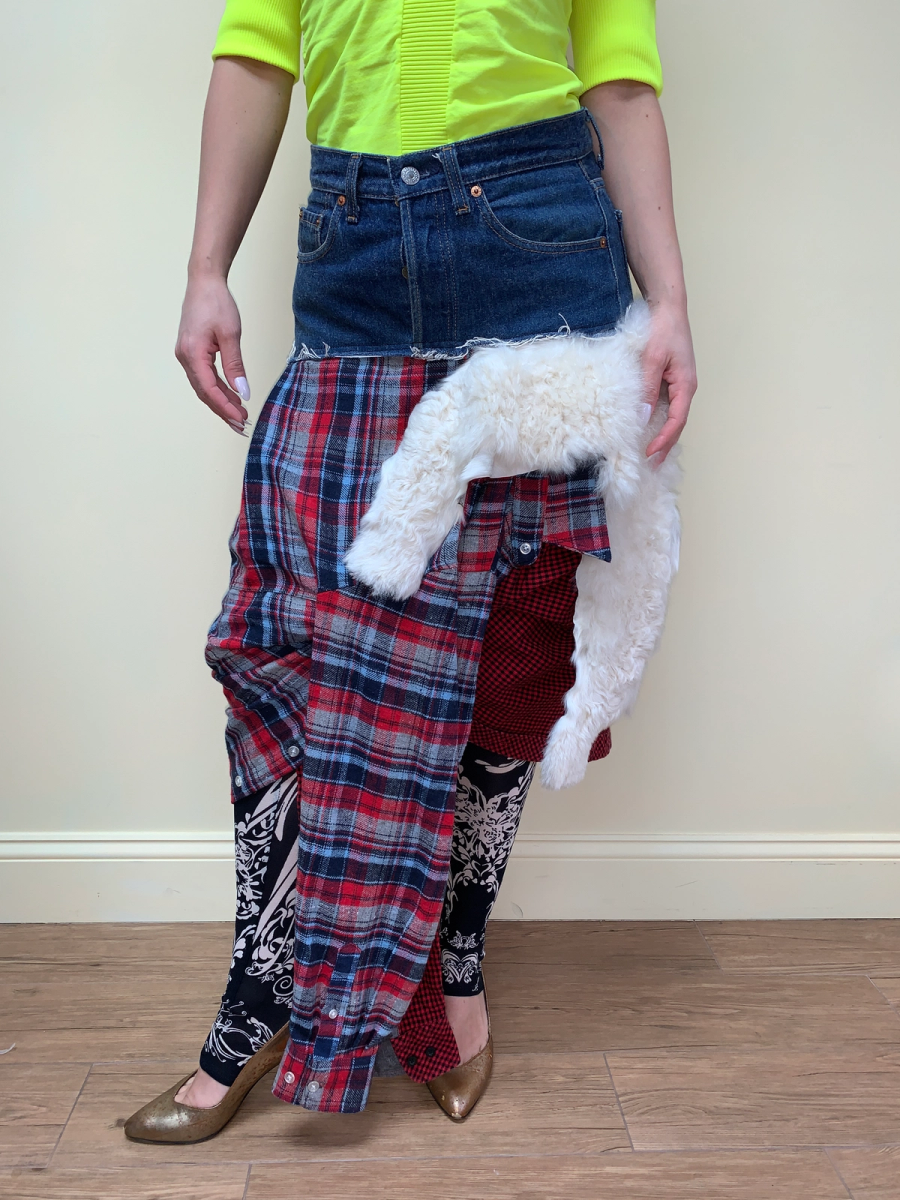 Tomoki Yurita Patchwork Skirt with Plaid Denim and Shearling product image