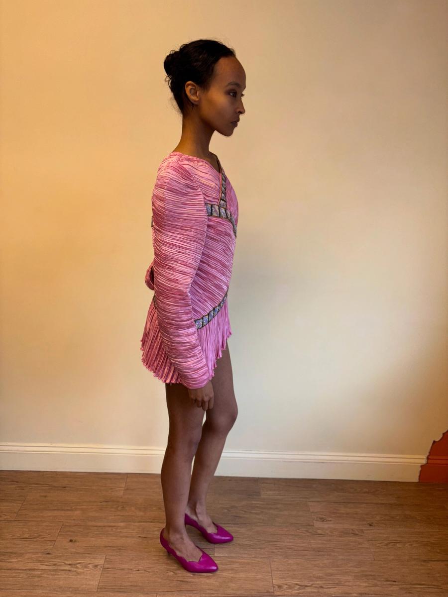 80s Mary McFadden Hot Pink Pleated Dress product image