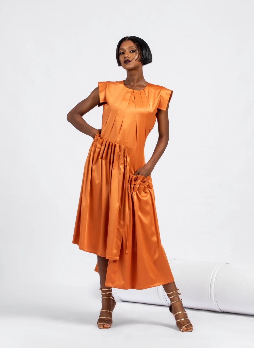 Madisa - Orange Milkado Silk Mid Dress