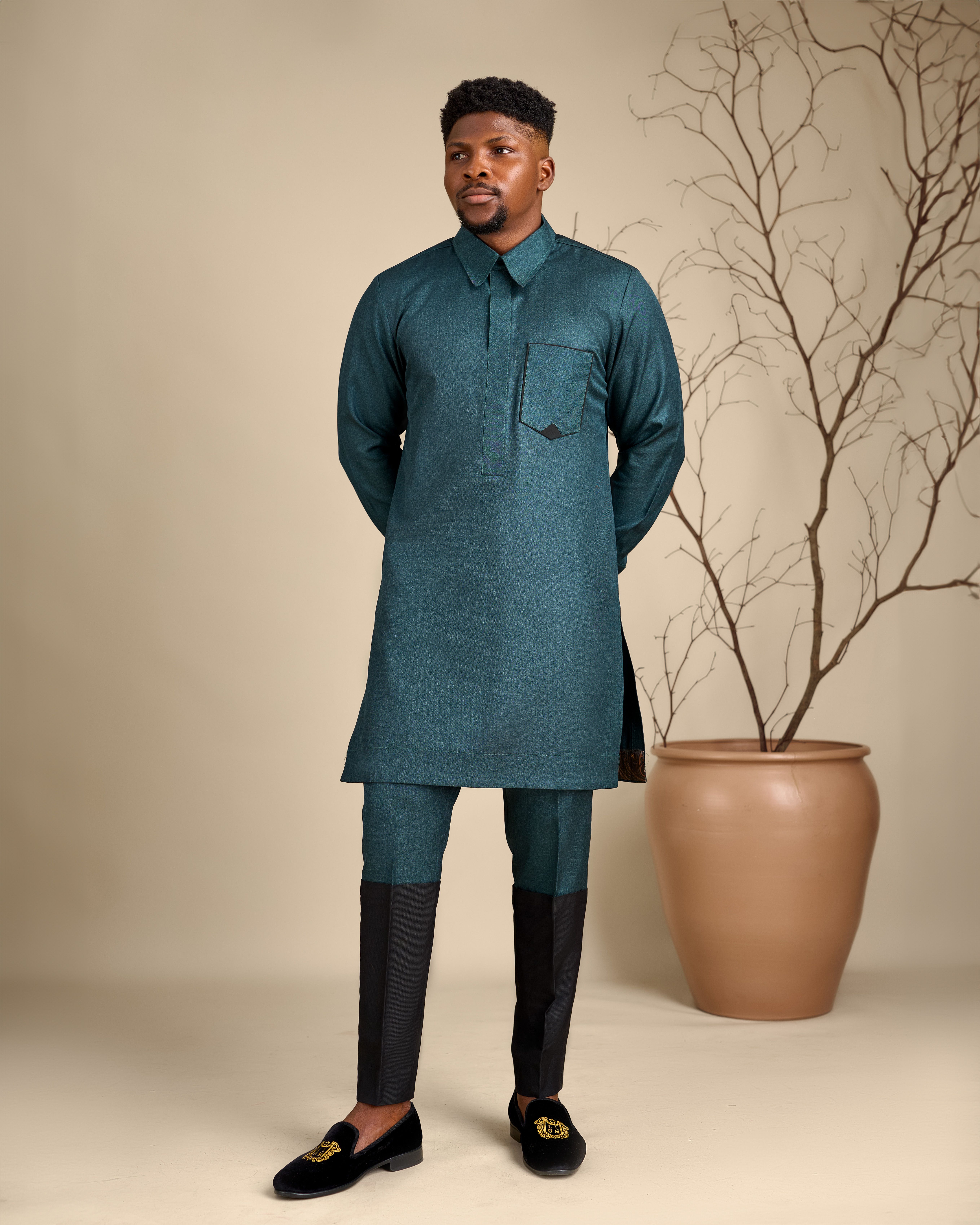 Bottle Green Kaftan Shirt with Collar