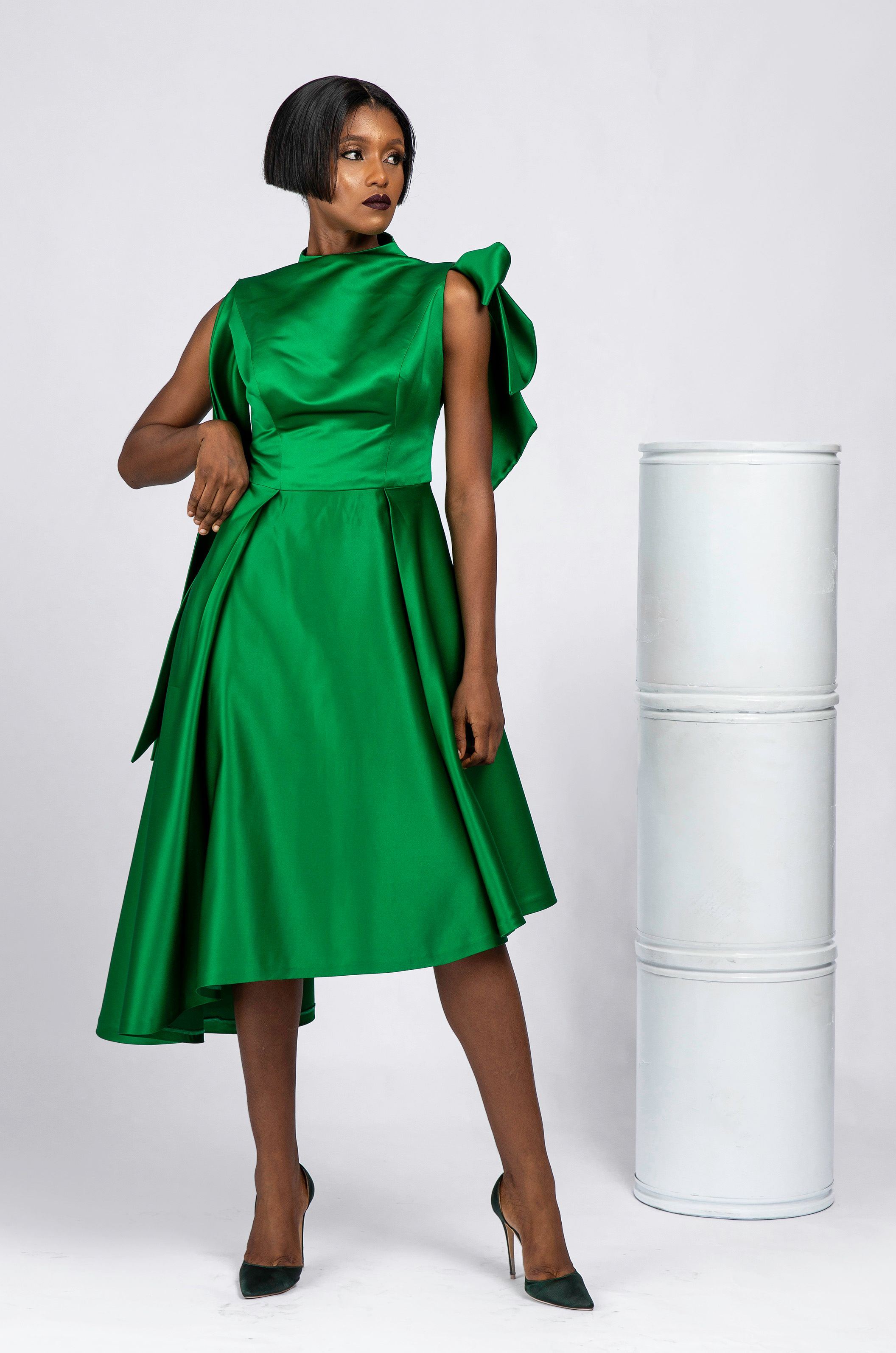 Green Mikado Silk Asymmetric with Sleeveless Bow Tie