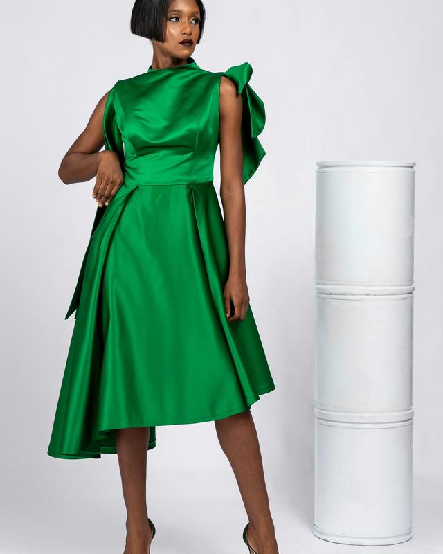 Green Mikado Silk Asymmetric with Sleeveless Bow Tie