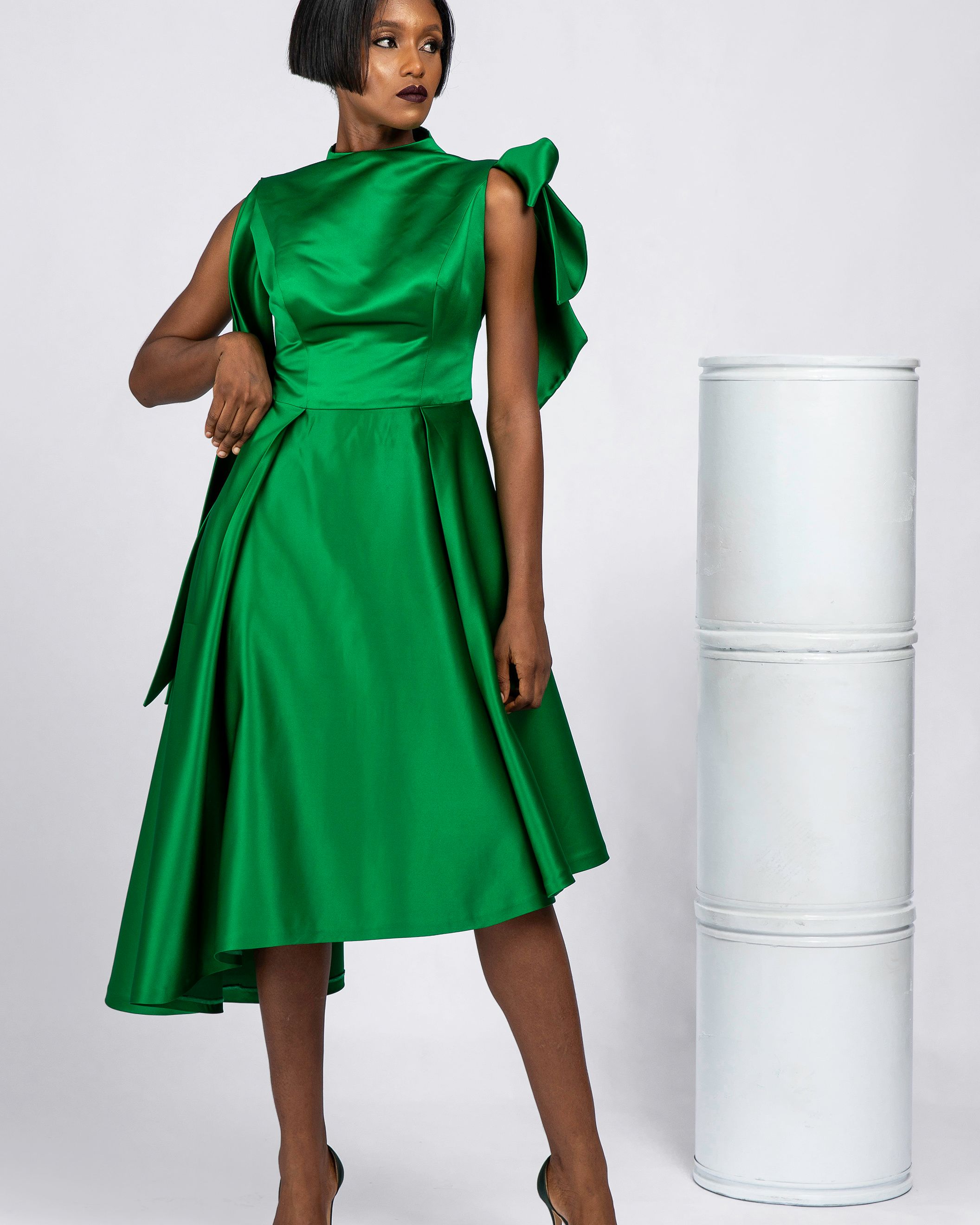 Green Mikado Silk Asymmetric with Sleeveless Bow Tie