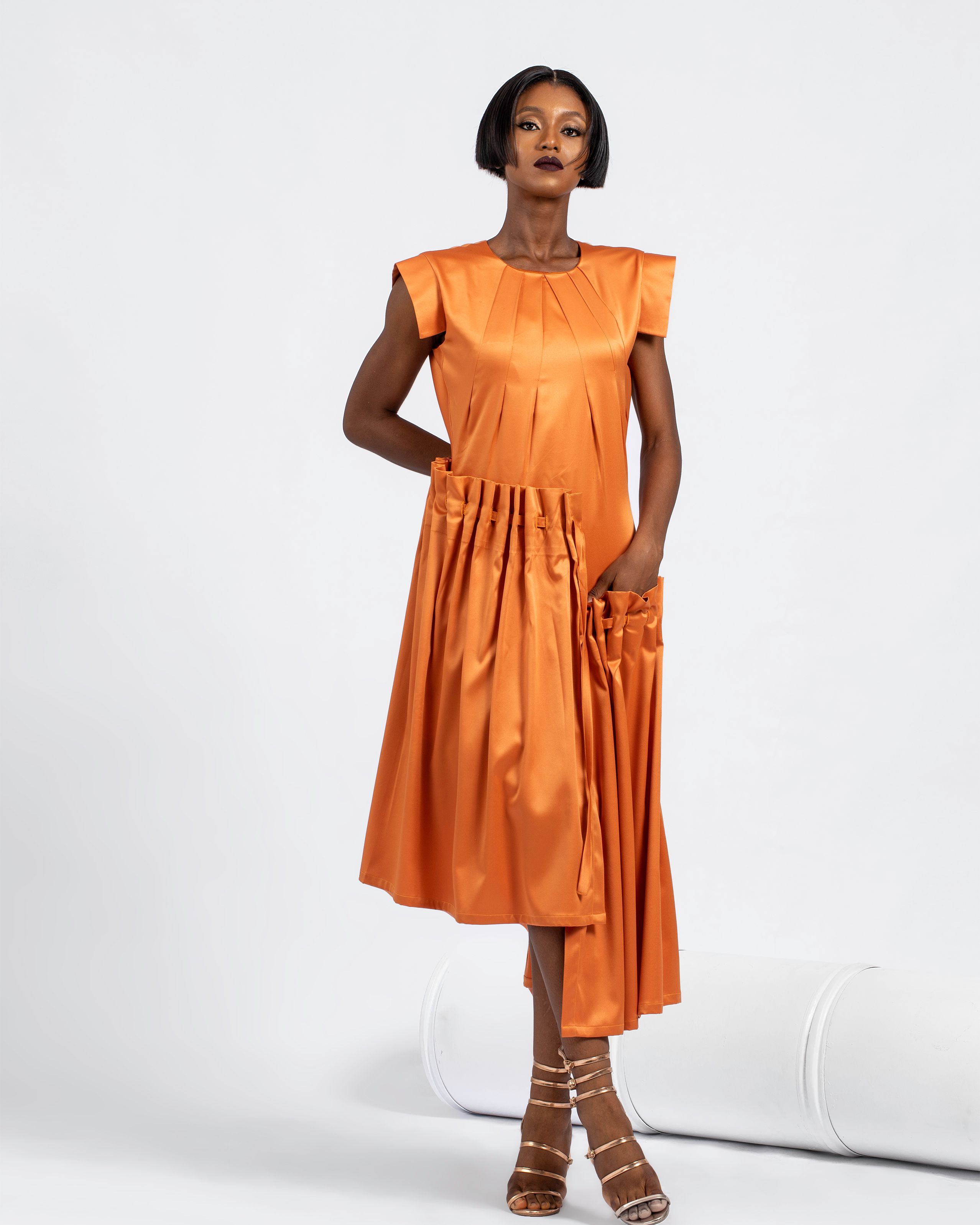 Madisa - Orange Milkado Silk Mid Dress