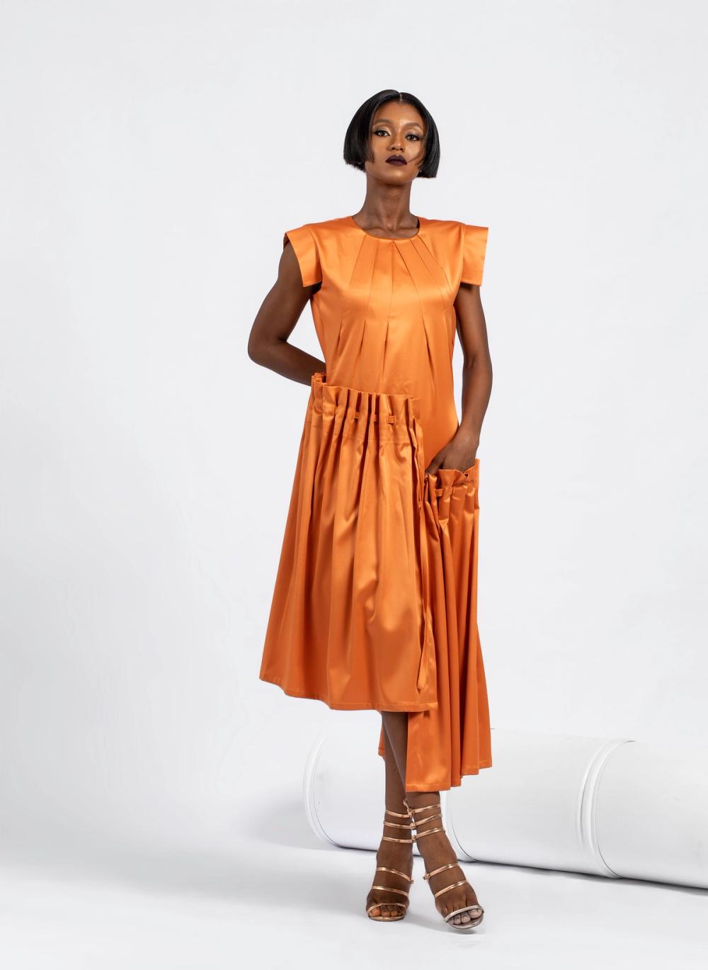 Madisa - Orange Milkado Silk Mid Dress