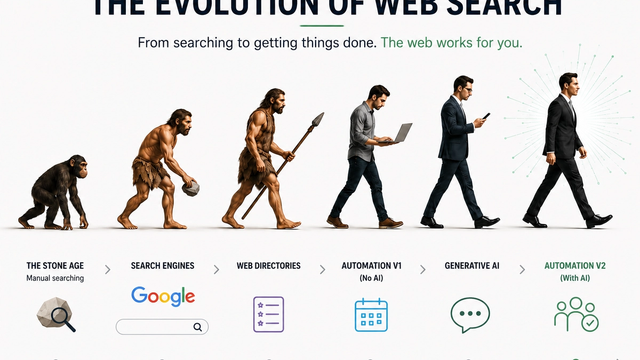 Infographic illustrating the evolution of web search from search engines and web directories to generative AI and Intelligent Reverse Sourcing, highlighting the future of supplier sourcing automation.