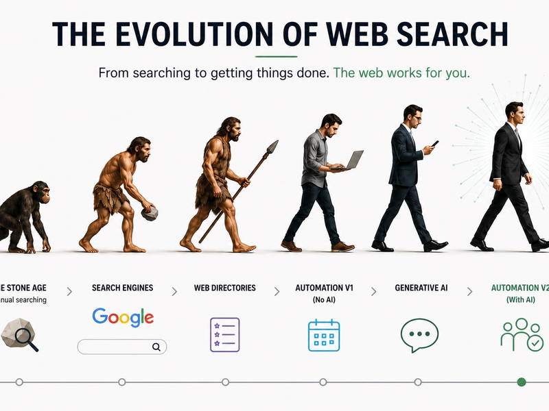 Infographic illustrating the evolution of web search from search engines and web directories to generative AI and Intelligent Reverse Sourcing, highlighting the future of supplier sourcing automation.