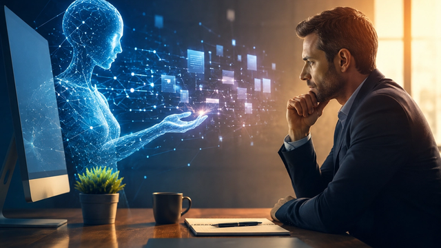Professional using artificial intelligence to analyze information, illustrating the role of human judgment, expertise and decision-making in the age of AI.