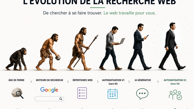 Évolution de la recherche web illustrant les moteurs de recherche, les répertoires web, l'IA générative et le Reverse Sourcing Intelligent pour automatiser la recherche de fournisseurs.