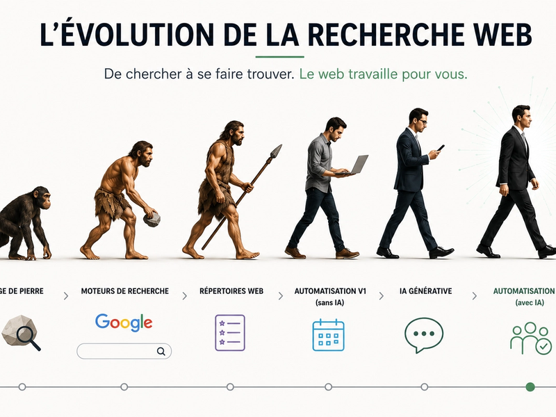 Évolution de la recherche web illustrant les moteurs de recherche, les répertoires web, l'IA générative et le Reverse Sourcing Intelligent pour automatiser la recherche de fournisseurs.
