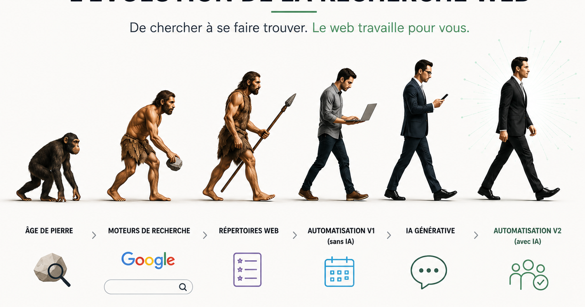 Évolution de la recherche web illustrant les moteurs de recherche, les répertoires web, l'IA générative et le Reverse Sourcing Intelligent pour automatiser la recherche de fournisseurs.