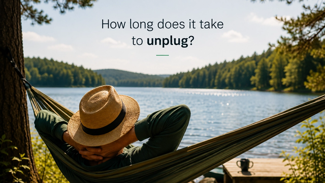 Person relaxing in a hammock by a peaceful lake during vacation, illustrating how long it takes the brain to fully unplug and recover from work.