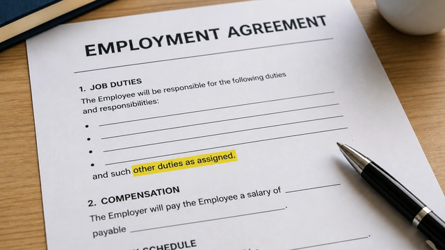 Employment agreement highlighting the “other duties as assigned” clause in a job description
