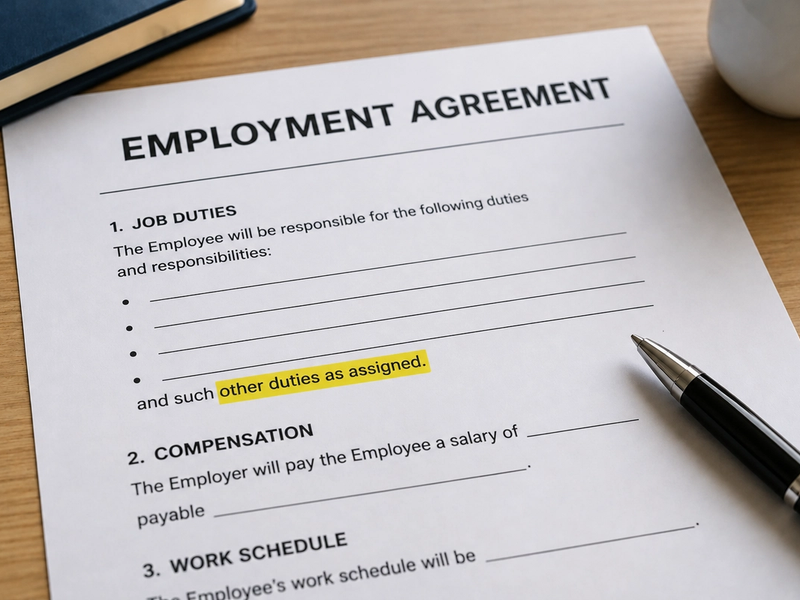 Employment agreement highlighting the “other duties as assigned” clause in a job description