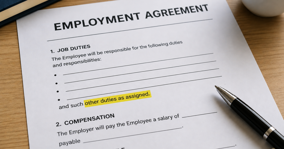 Employment agreement highlighting the “other duties as assigned” clause in a job description