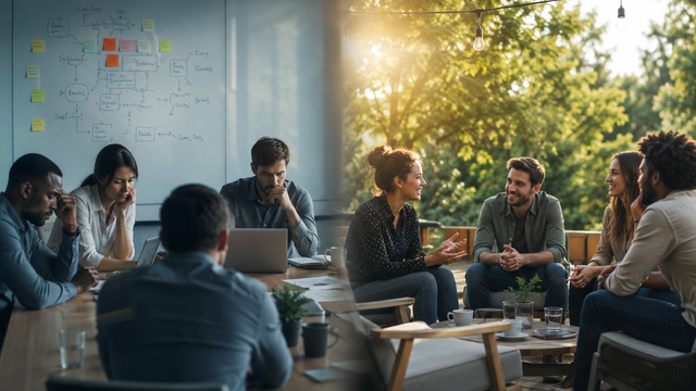 Office meeting compared with an outdoor team-building activity, illustrating how off-site retreats, team-building experiences, and corporate events foster creativity, collaboration, innovation, and high-performing teams.