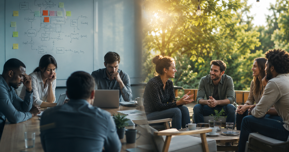 Office meeting compared with an outdoor team-building activity, illustrating how off-site retreats, team-building experiences, and corporate events foster creativity, collaboration, innovation, and high-performing teams.