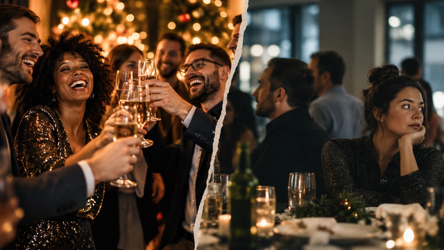 Company Christmas party: contrast between an engaged team and a disappointed employee during a corporate event.