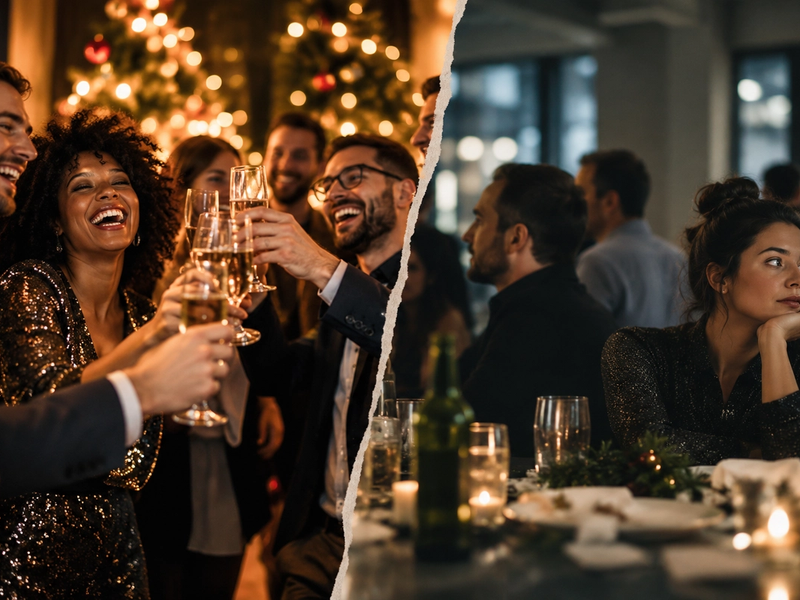 Party de Noël d’entreprise : contraste entre une équipe engagée et une employée déçue lors d’un événement corporatif.