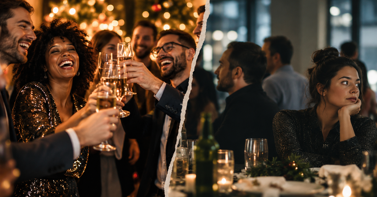 Party de Noël d’entreprise : contraste entre une équipe engagée et une employée déçue lors d’un événement corporatif.