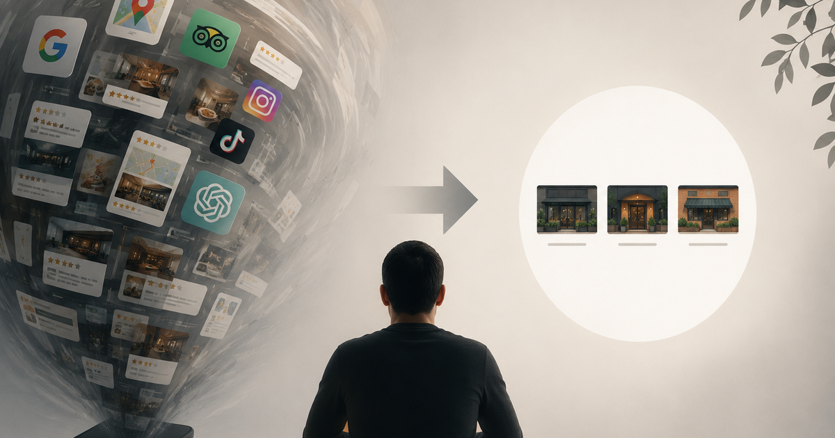 Concept illustration of information overload, AI recommendations and decision fatigue, showing how search engines and review platforms evolve into simpler, more relevant choices.