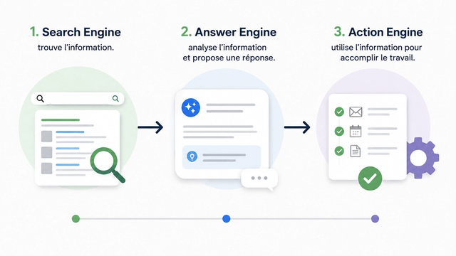 Évolution du Web du Search Engine à l’Answer Engine puis à l’Action Engine, de la recherche d’information à l’exécution de tâches par l’intelligence artificielle.
