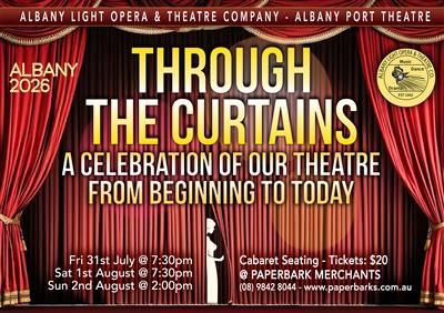 Poster advertising the event with red velvet curtains and text