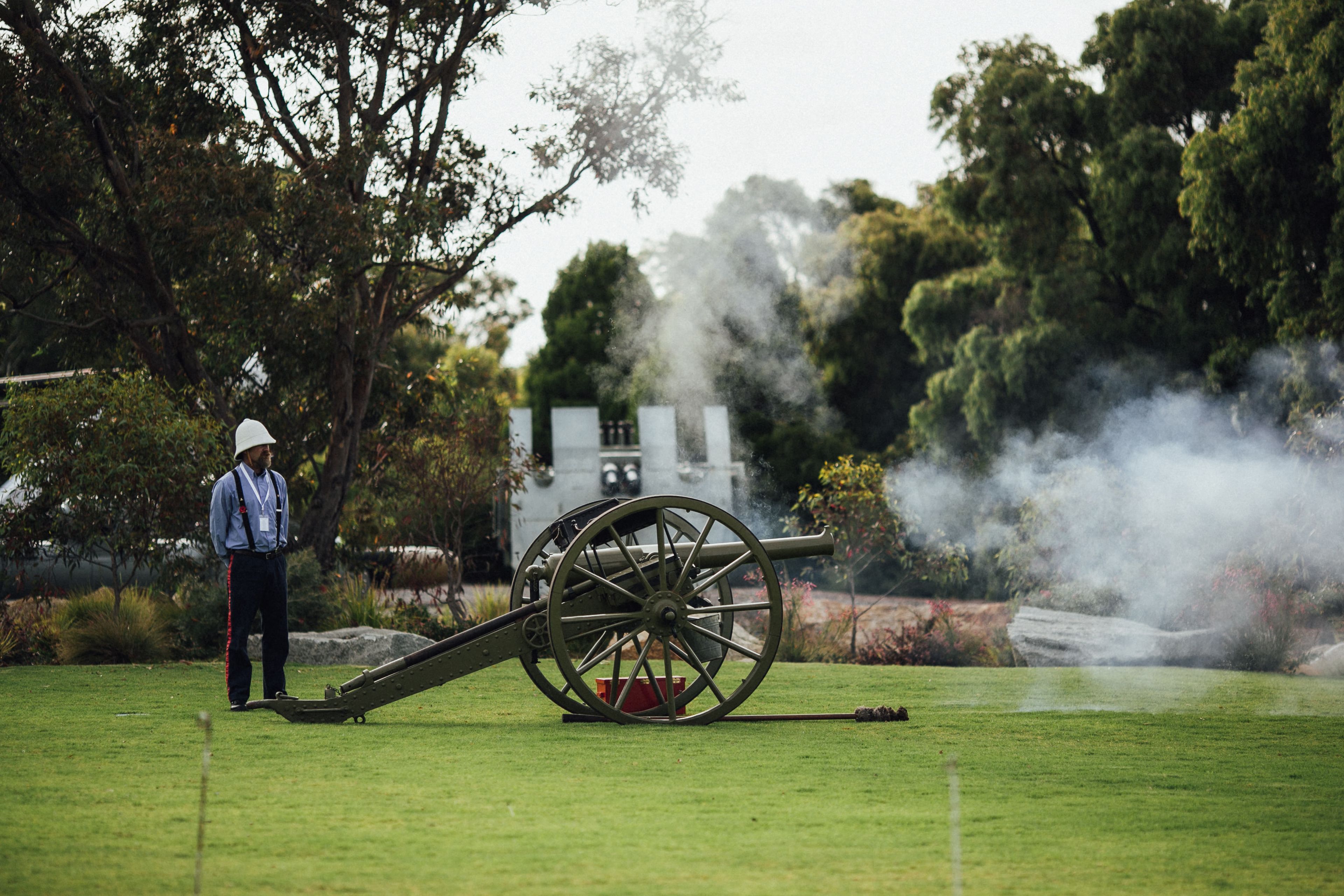Smoke clears following the firing of a historic cannon