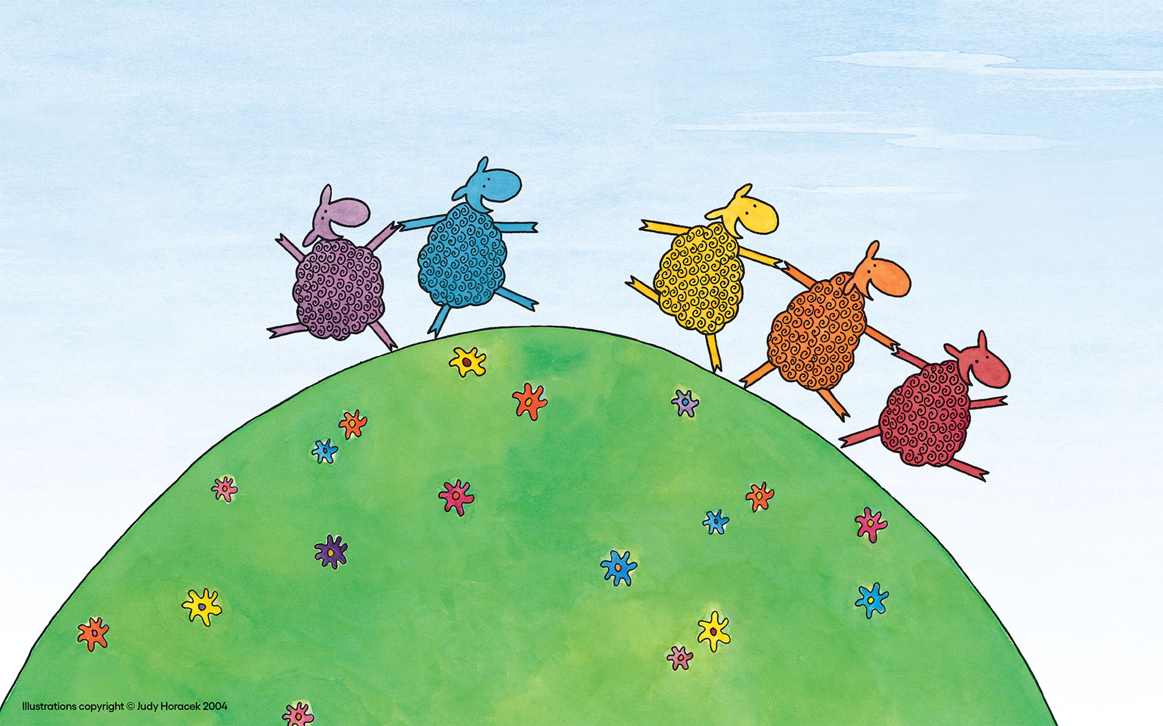 Different coloured sheep holding hands