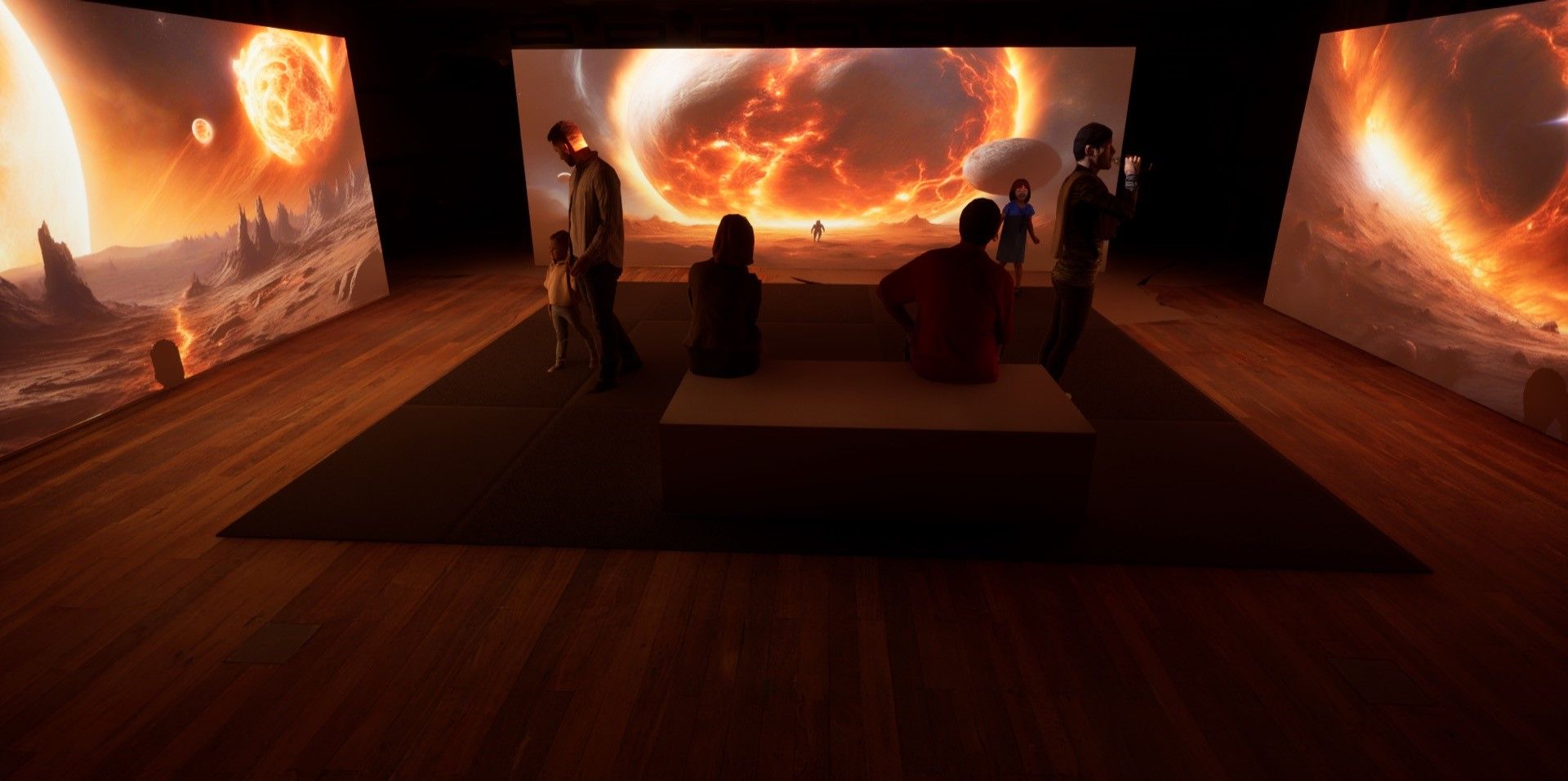 Three screen with viewers in the gallery