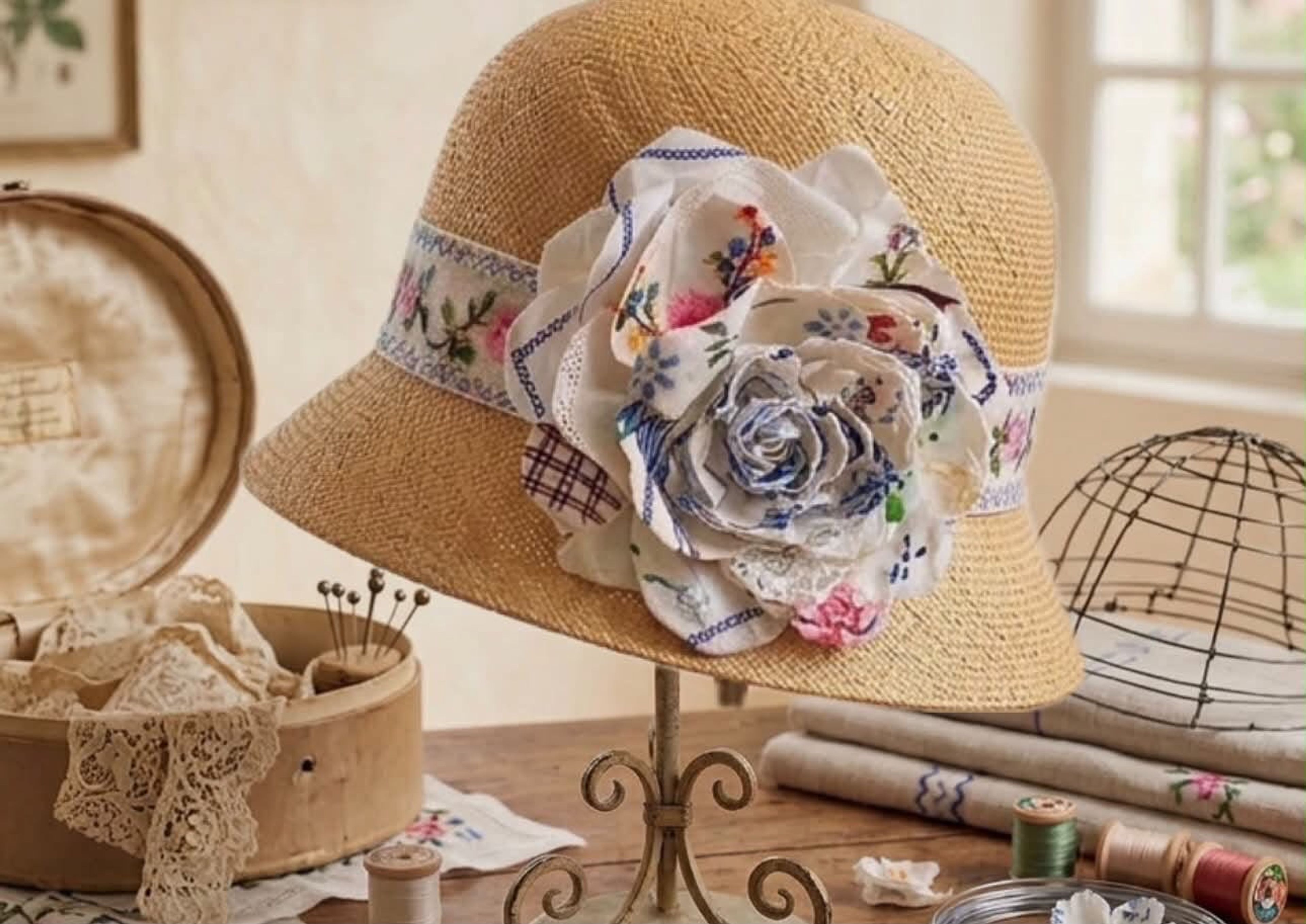 A hat with fabric flowers