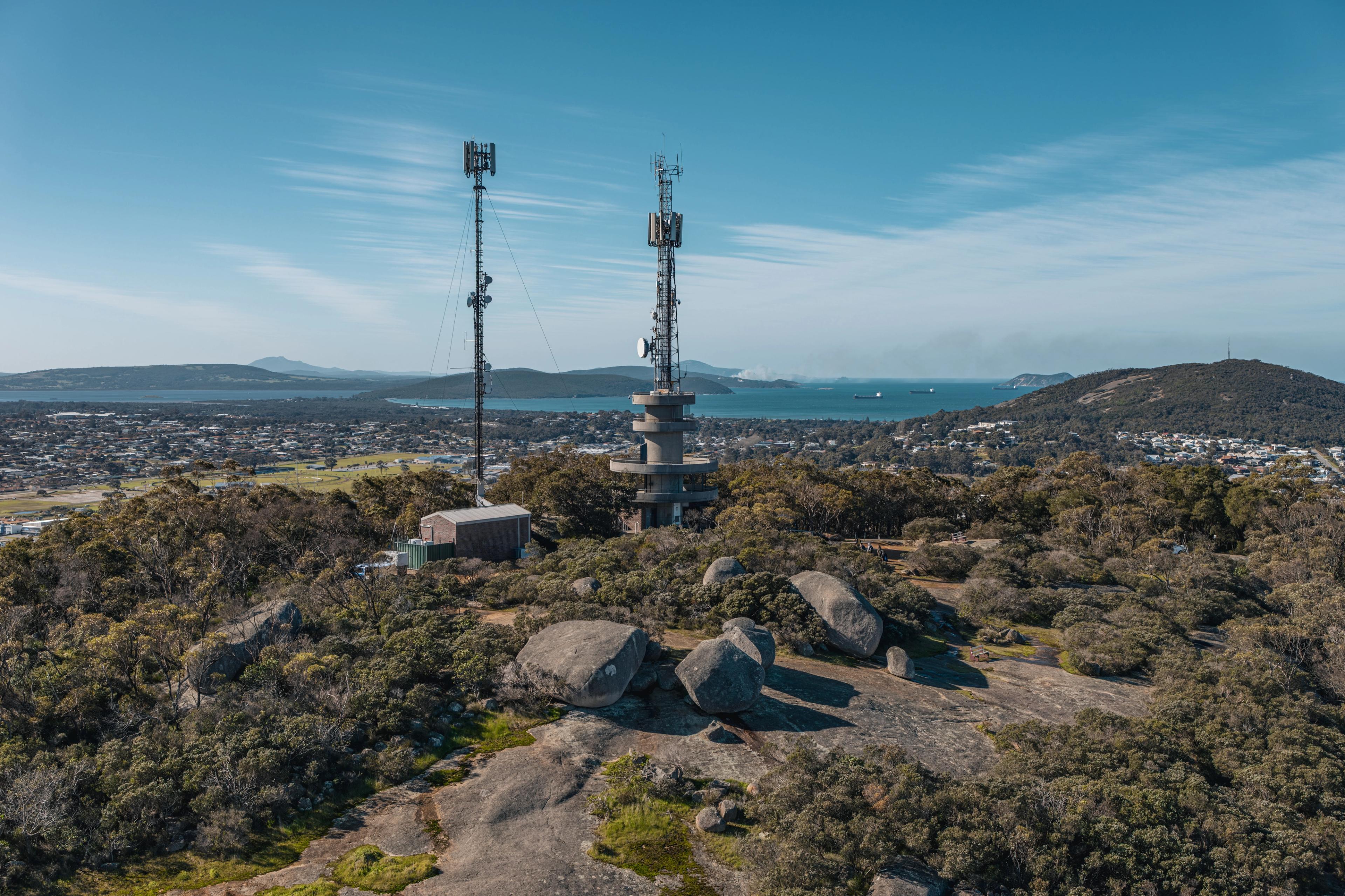 aerial image of the Mt Melville Communications Tower with Albany and King George Sound in the background