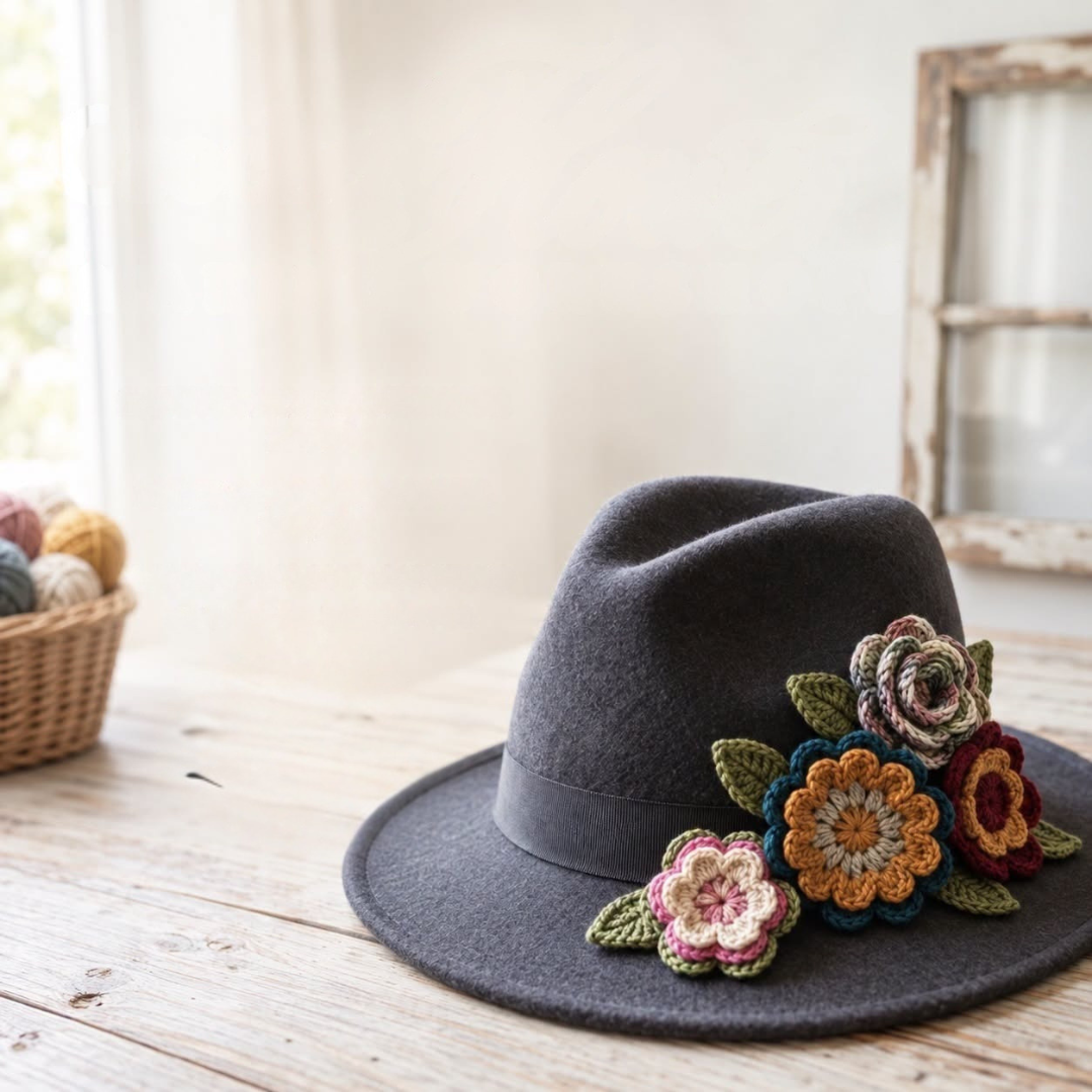 Felted hat covered in crochet flowers