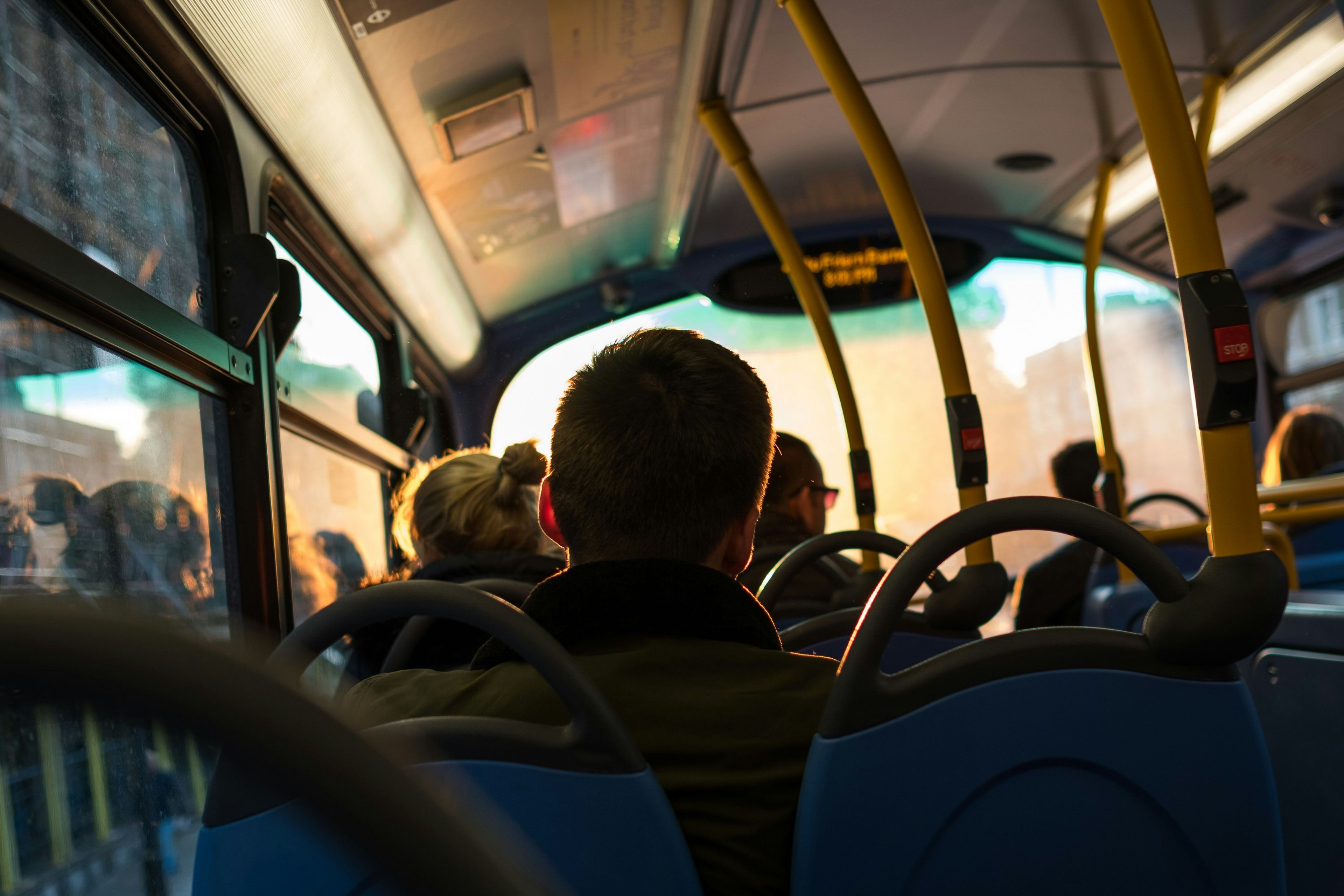 Interior of a bus during golden hour