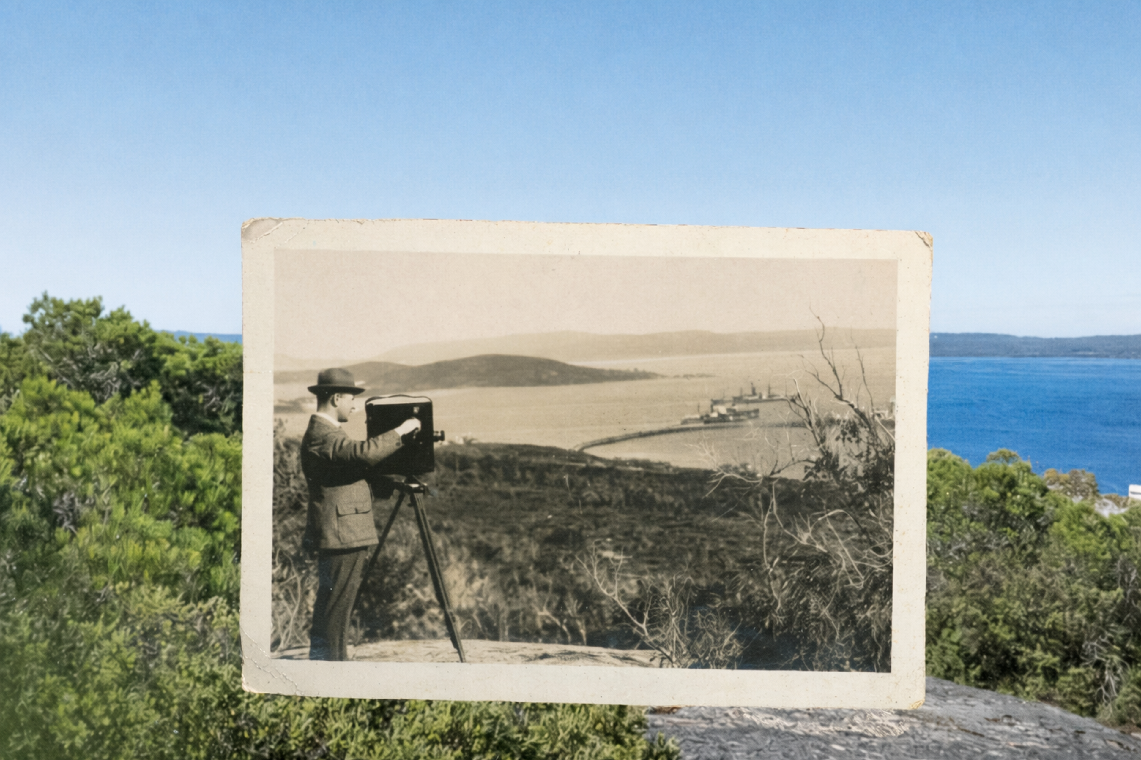 An old photograph placed over a modern day image of a landscape