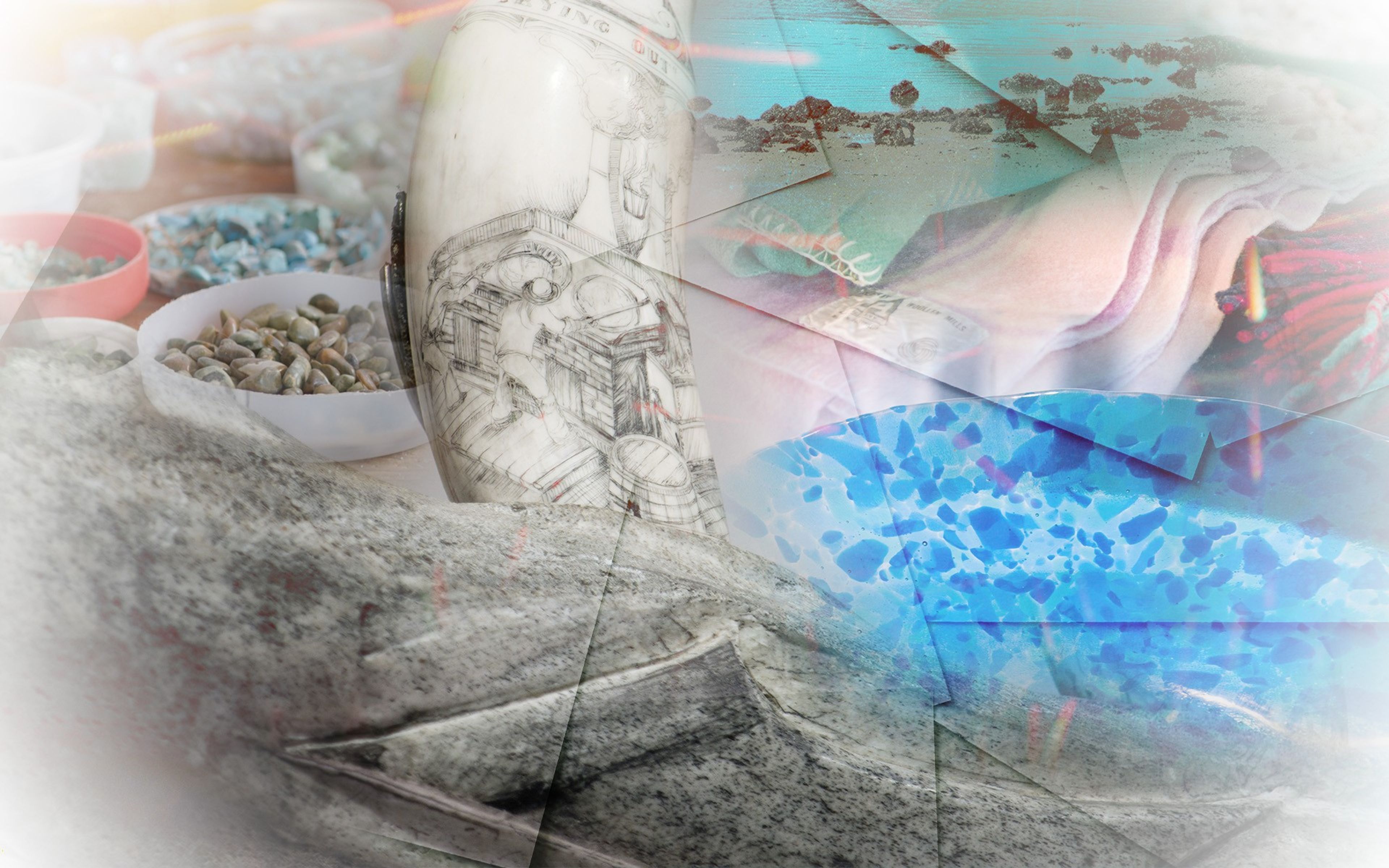 A collage of artistic industries: wool, scrimshaw, glass making etc.