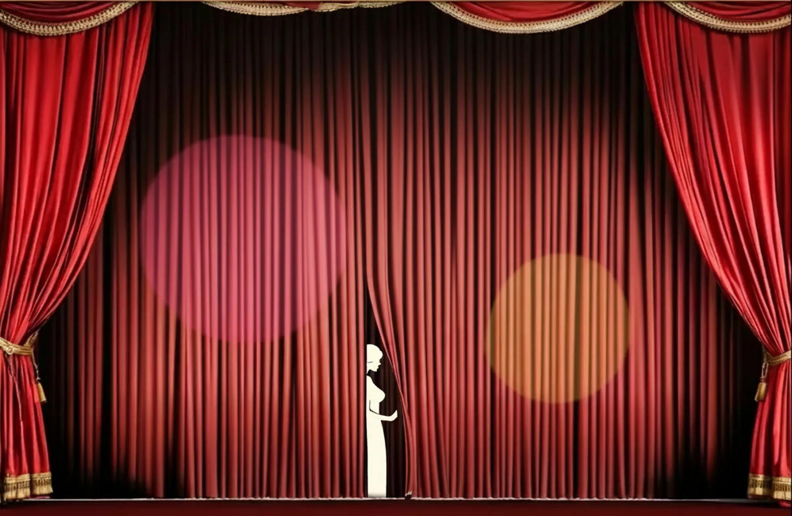 A photo of some red curtains and a silhouette of a woman standing behind.