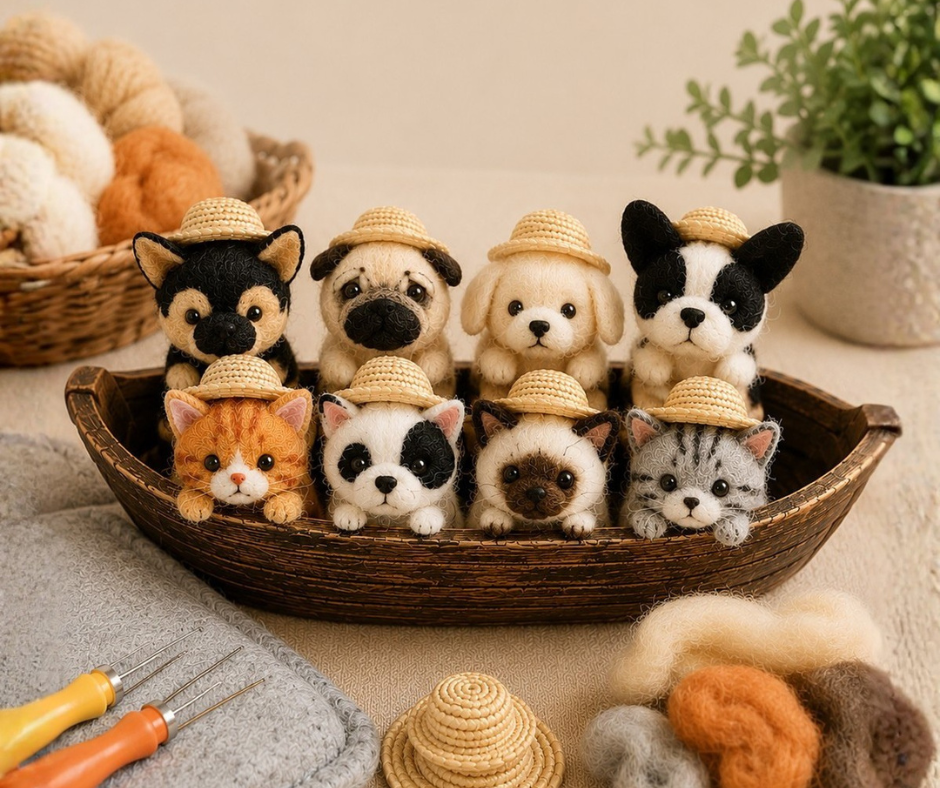 Felted cats and dogs sitting in a boat