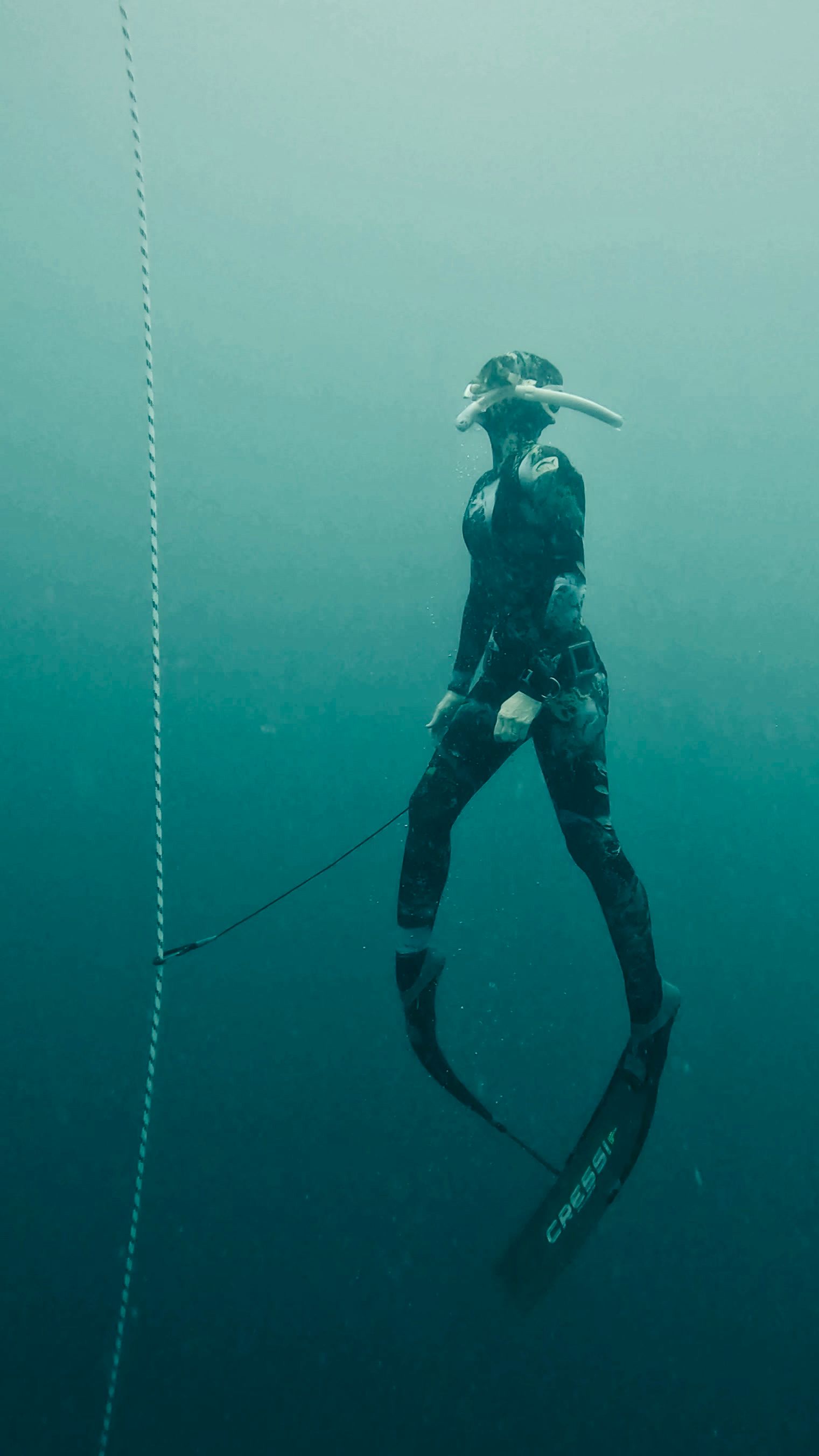 Underwater image of a diver wearing wetsuit and snorkel