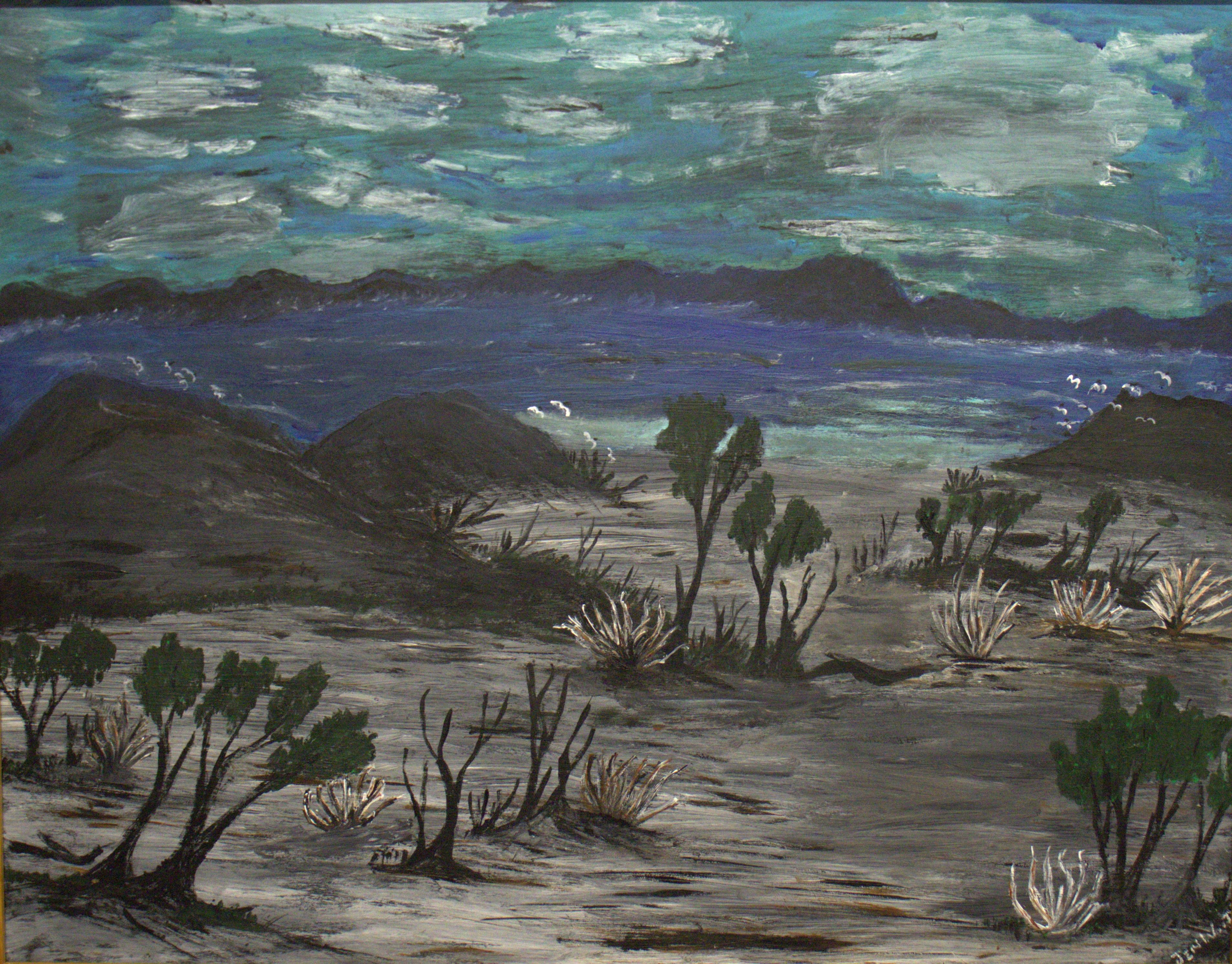 Indigenous paining of a landscape in blue hues
