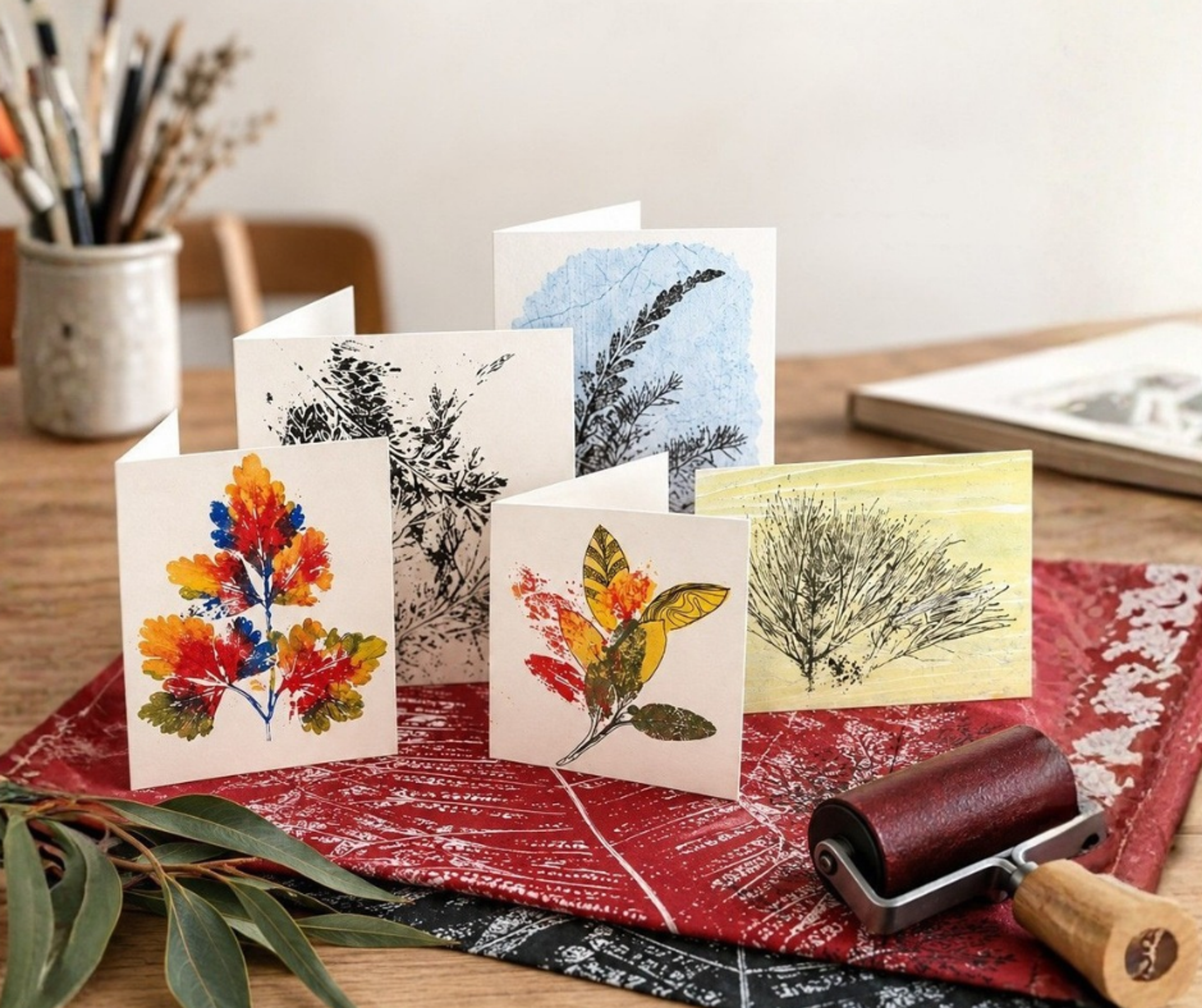 Homemade cards using print making techniques.