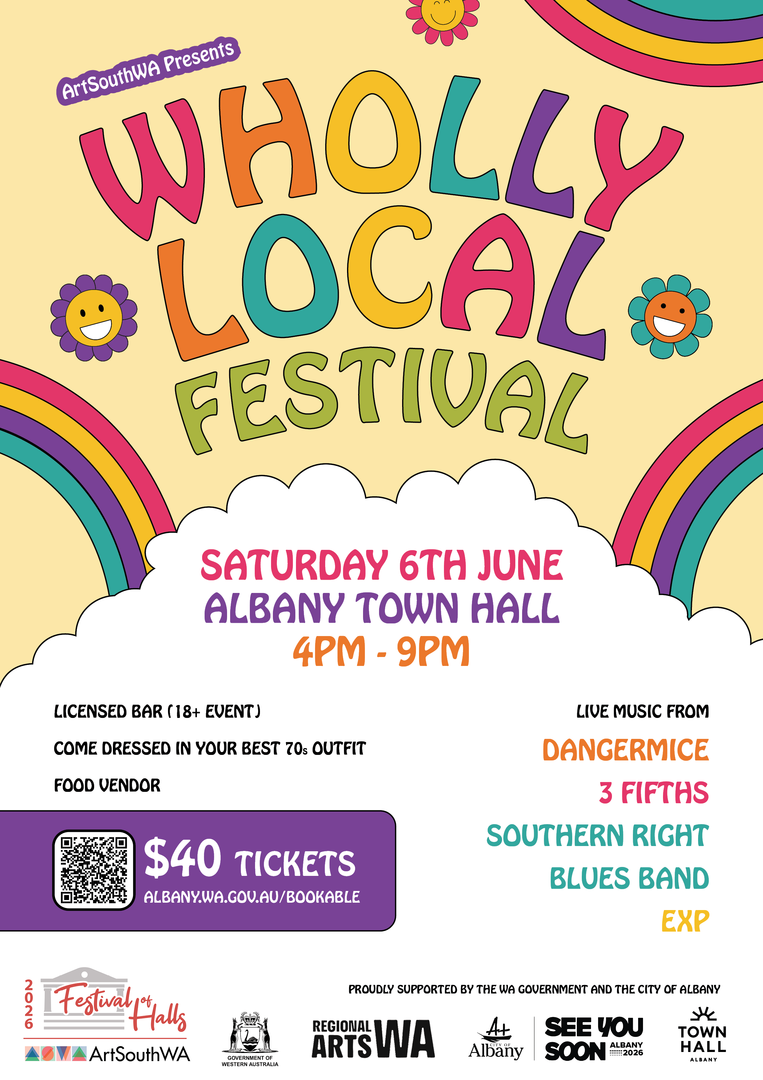 Wholly Local Festival poster featuring clouds, rainbows and flowers.